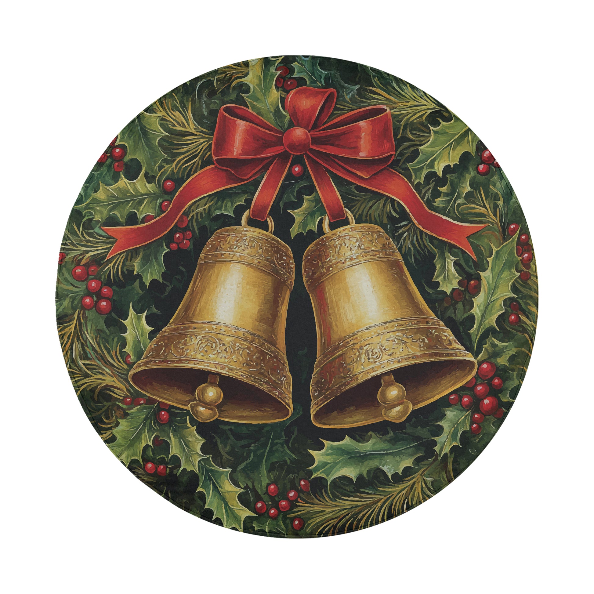 A round, festive wreath with golden bells and a red ribbon, surrounded by holly leaves and berries.