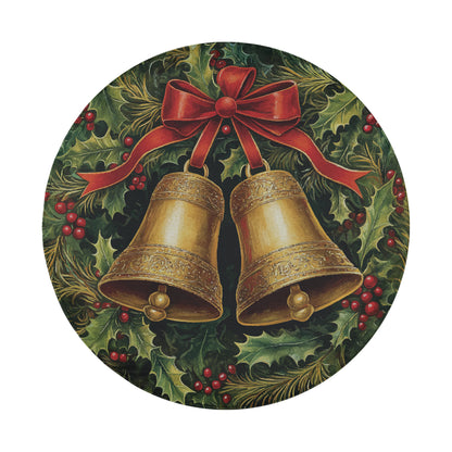 A round, festive wreath with golden bells and a red ribbon, surrounded by holly leaves and berries.