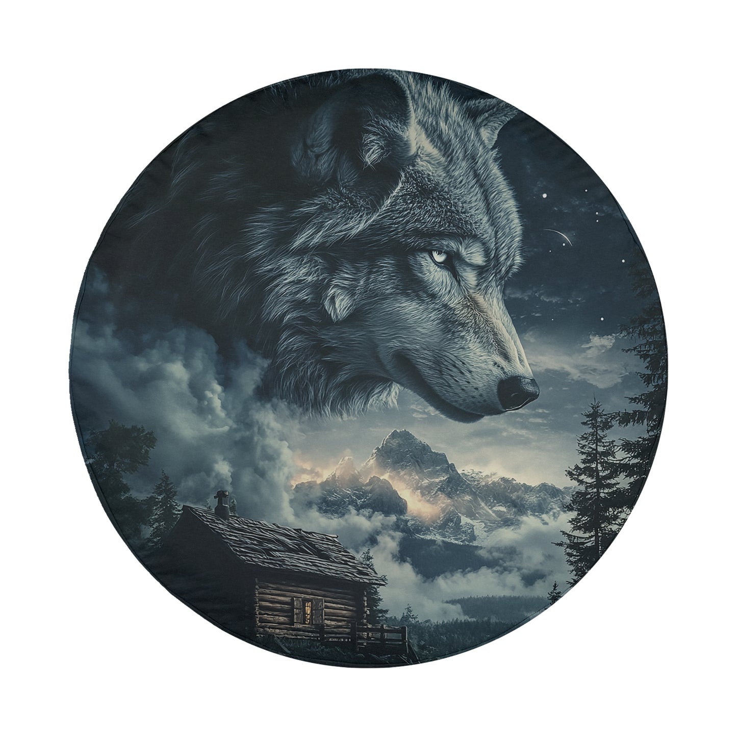 A large, majestic wolf with piercing eyes stands over a snowy mountain landscape, with a small wooden cabin nestled in the foreground.