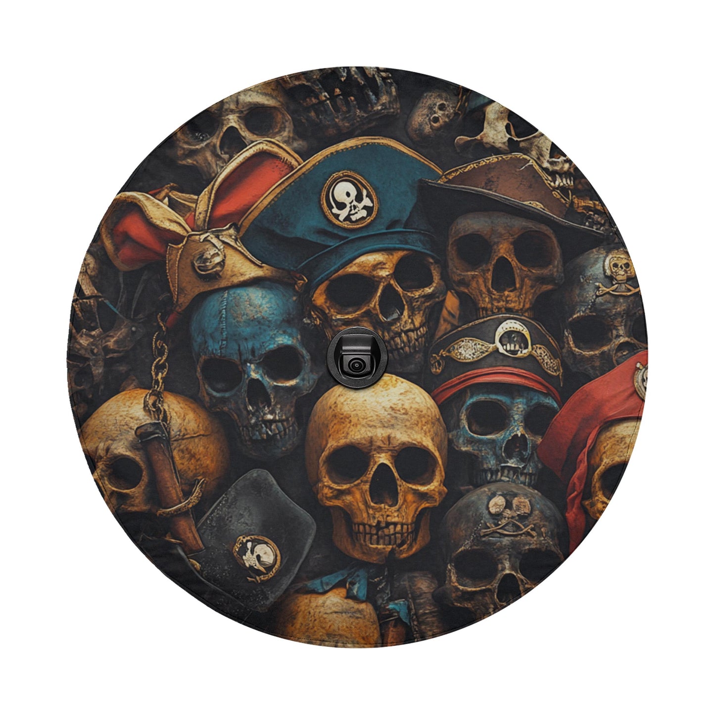 a collection of skulls and pirate hats, creating a skull-themed collage.