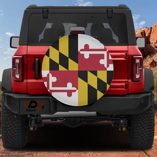 the rear view of a red Jeep Wrangler with a Maryland state flag decal on the rear window.