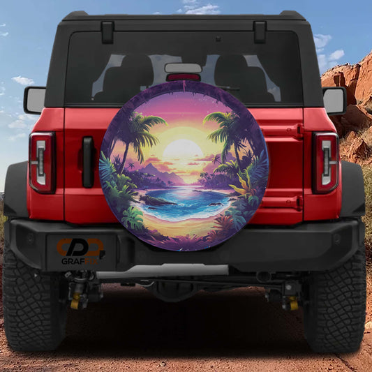 a red Jeep Wrangler with a large, colorful tire cover depicting a tropical beach scene with palm trees, a sunset, and a body of water.
