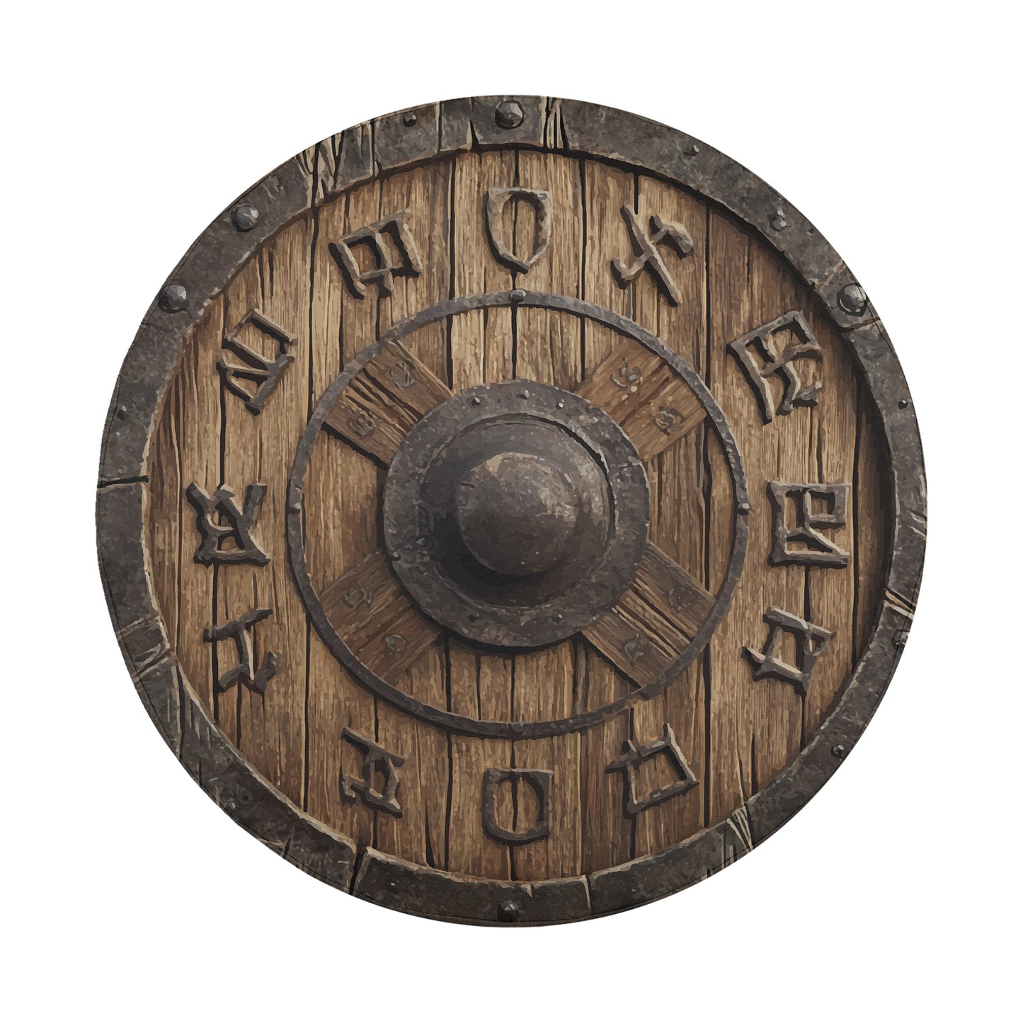 a wooden shield with metal accents, including a central metal plate surrounded by a metal ring.