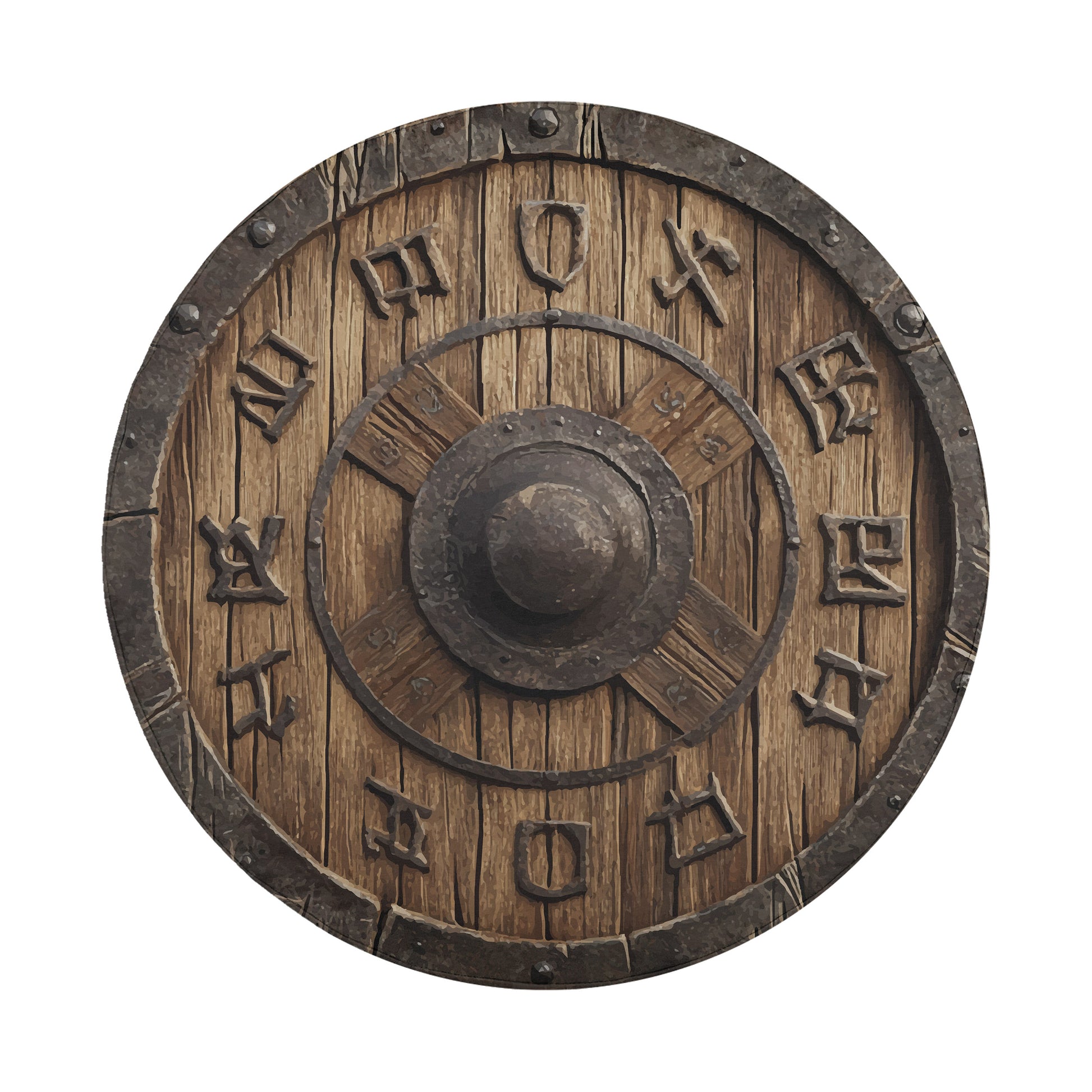 a wooden shield with metal accents, including a central metal plate surrounded by a metal ring.