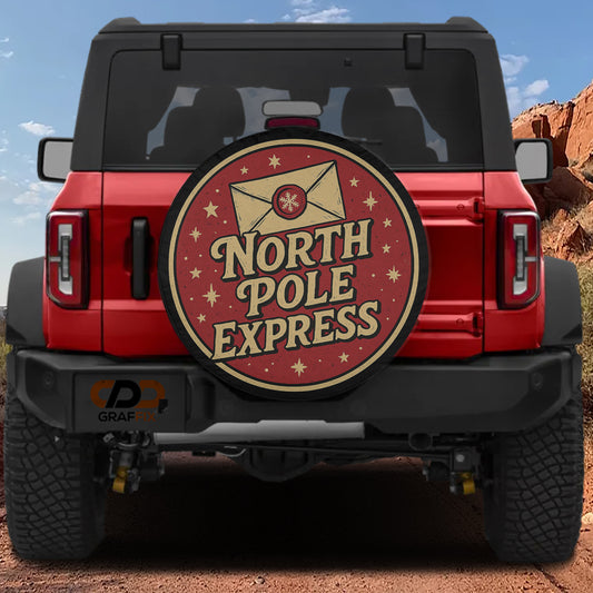 a red Jeep Wrangler with a large "NORTH P Pole Express" decal on the rear window.