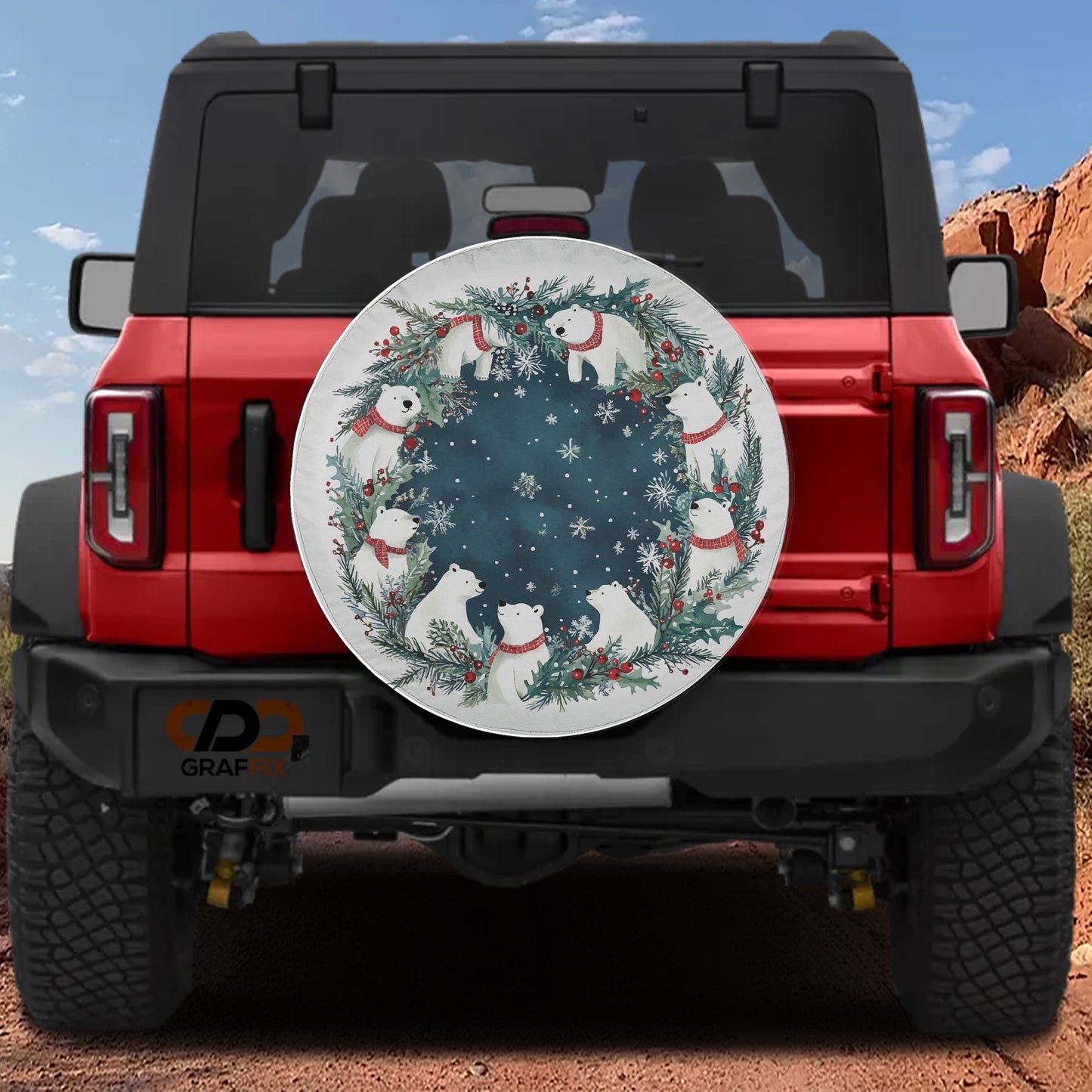 the back of a red Jeep Wrangler with a large, decorative tire cover featuring a winter scene with white polar bears and snowflakes.