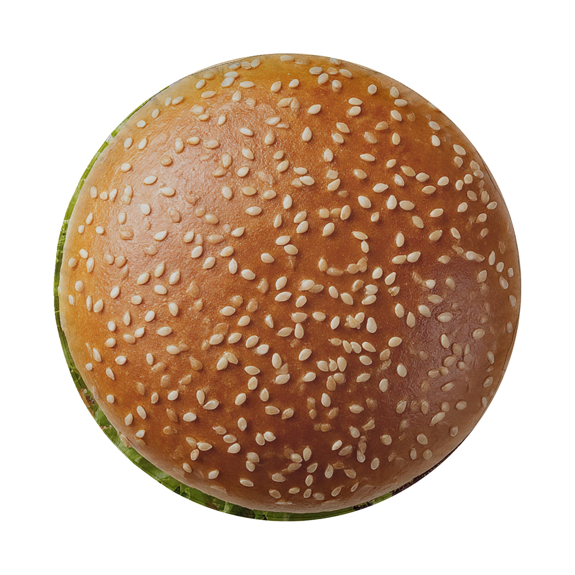 A close-up view of a sesame seed bun with a golden-brown color and scattered sesame seeds.