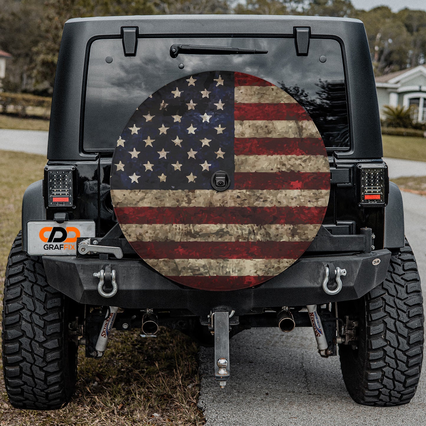 a jeep with an american flag painted on it