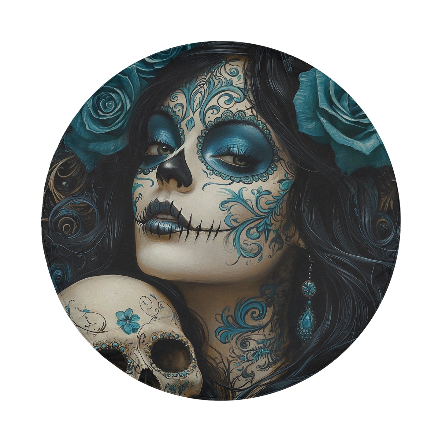 A woman with intricate blue and teal floral designs on her face and body, wearing a skull as a prop, surrounded by roses and other floral elements.