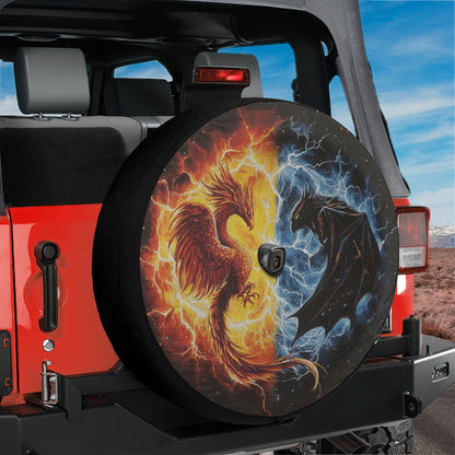 a tire cover with a picture of a fire and ice dragon on it