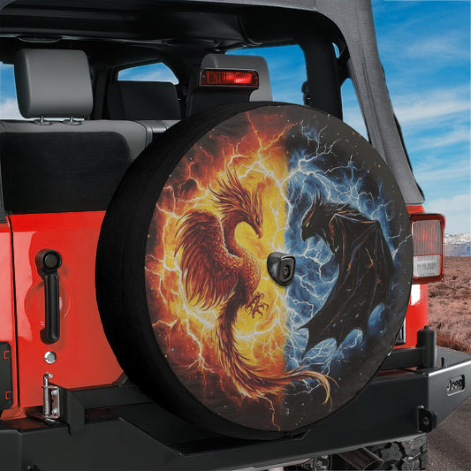 a tire cover with a picture of a fire and ice dragon on it