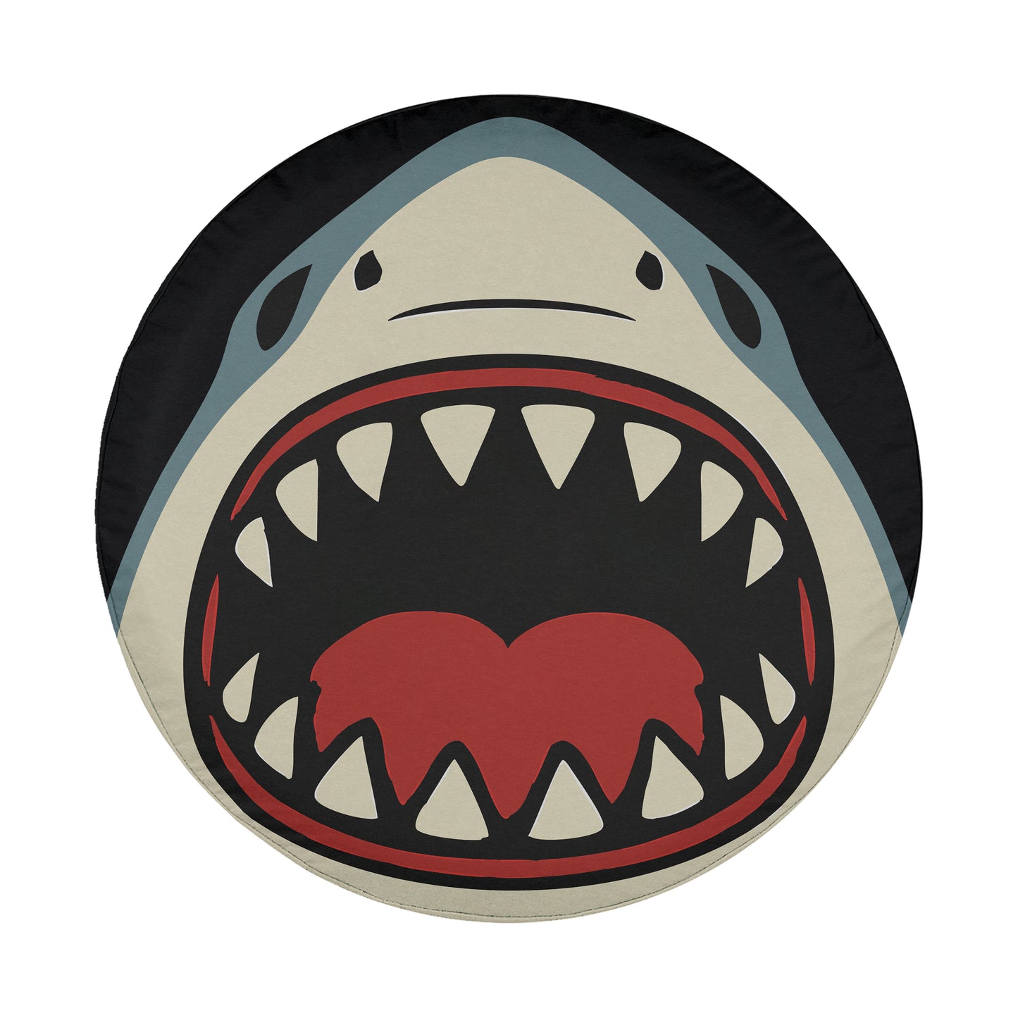 A close-up of a shark's open mouth with sharp teeth, depicted in a bold and graphic style.