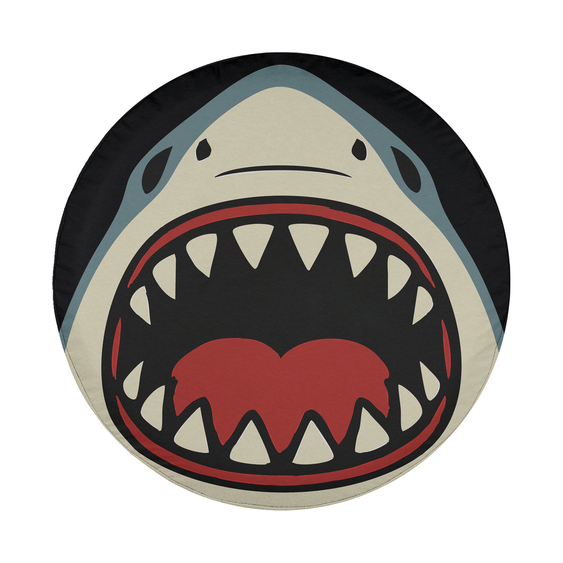 A close-up of a shark's open mouth with sharp teeth, depicted in a bold and graphic style.