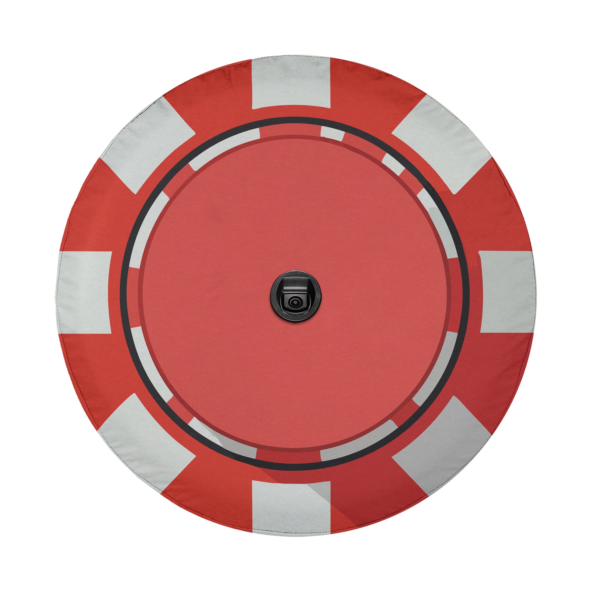 a red and white circular object with a black camera in the center.