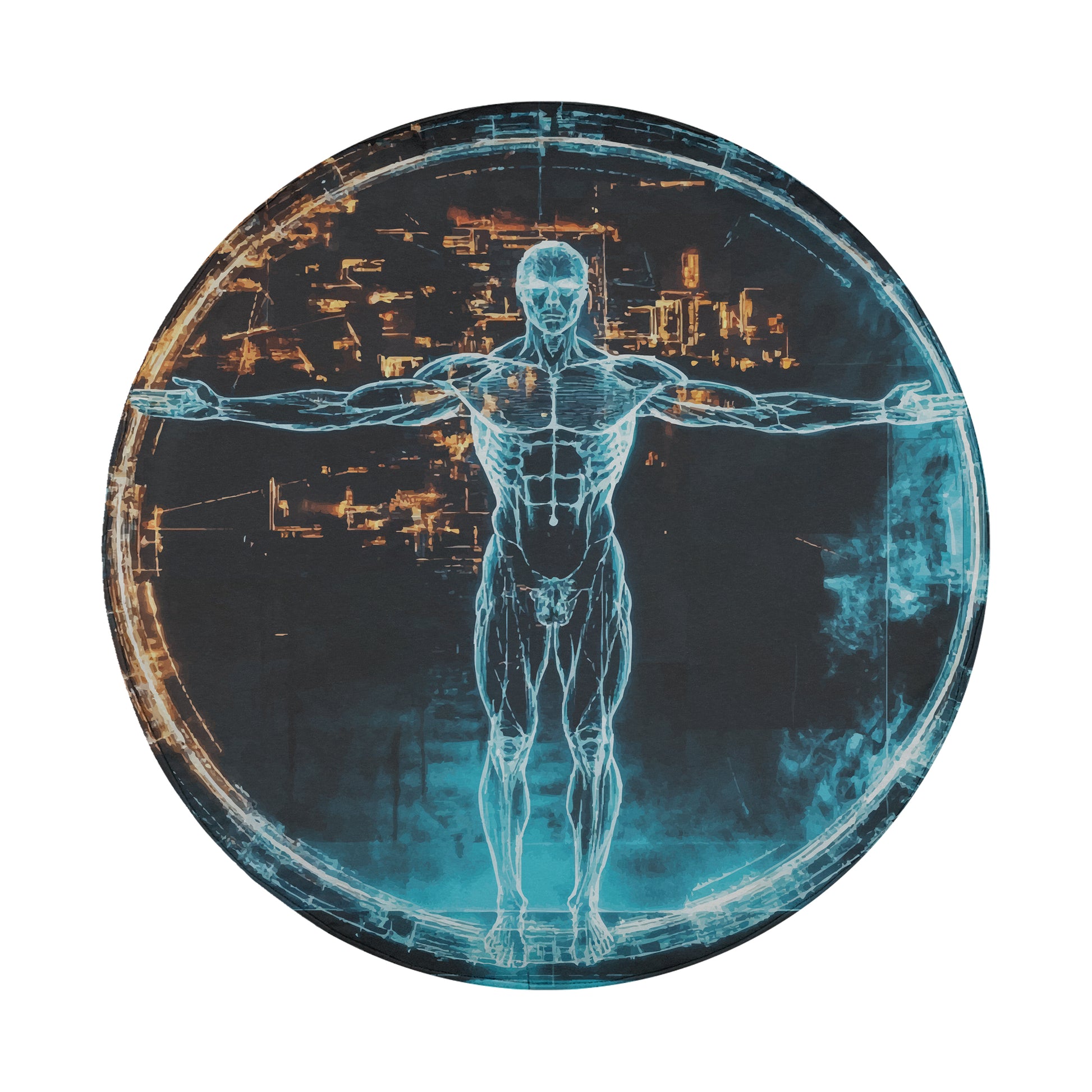 A transparent, futuristic figure stands in a futuristic cityscape, surrounded by glowing lights and structures.