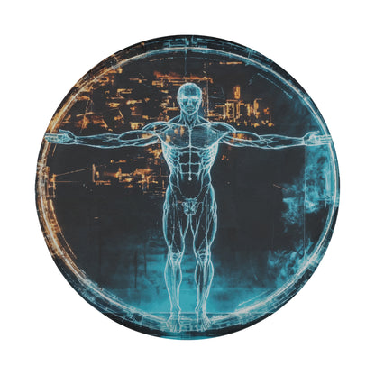 A transparent, futuristic figure stands in a futuristic cityscape, surrounded by glowing lights and structures.