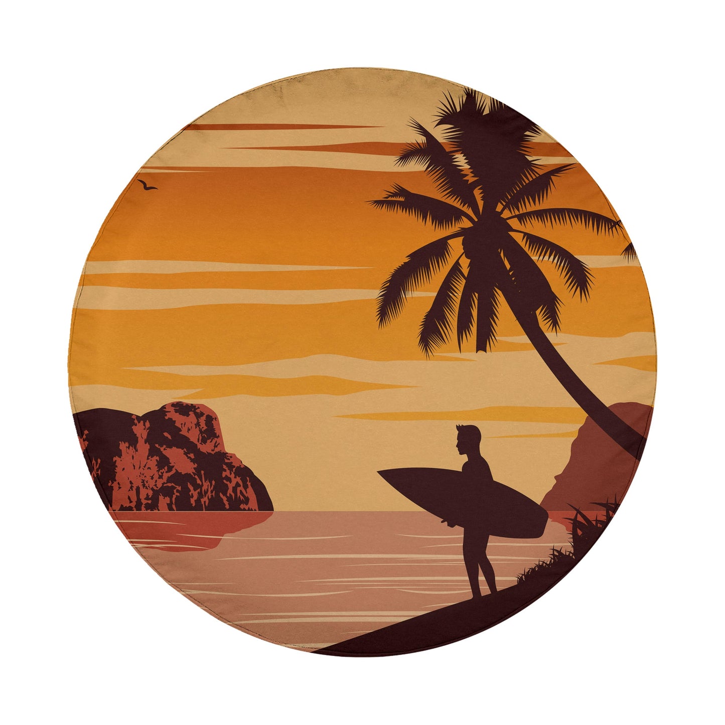 A surfer stands on a beach, silhouetted against a vibrant sunset sky, holding a surfboard.