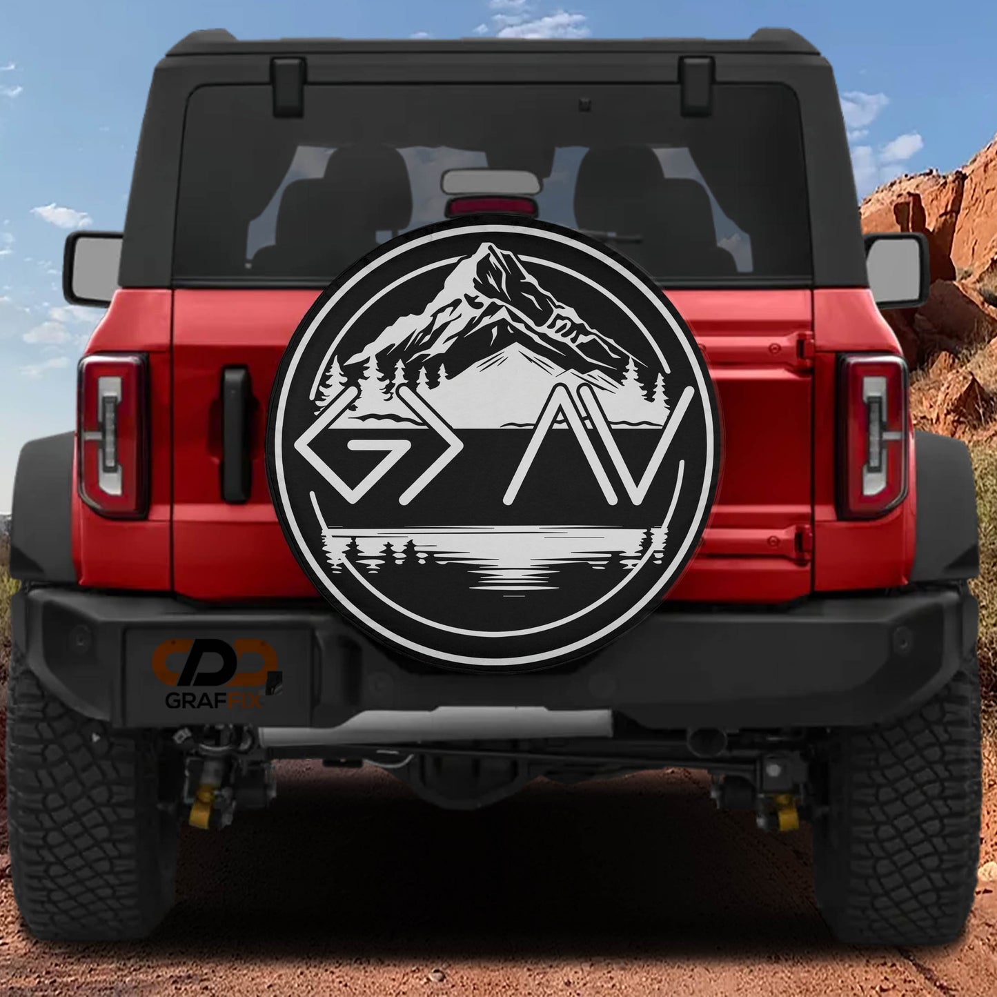 a red Jeep Wrangler with a large graphic decal on the rear window.