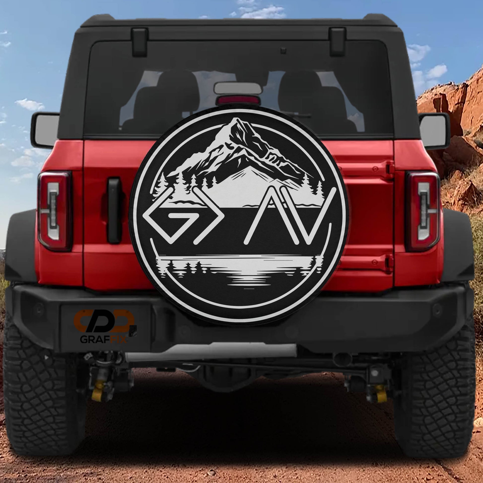 a red Jeep Wrangler with a large graphic decal on the rear window.