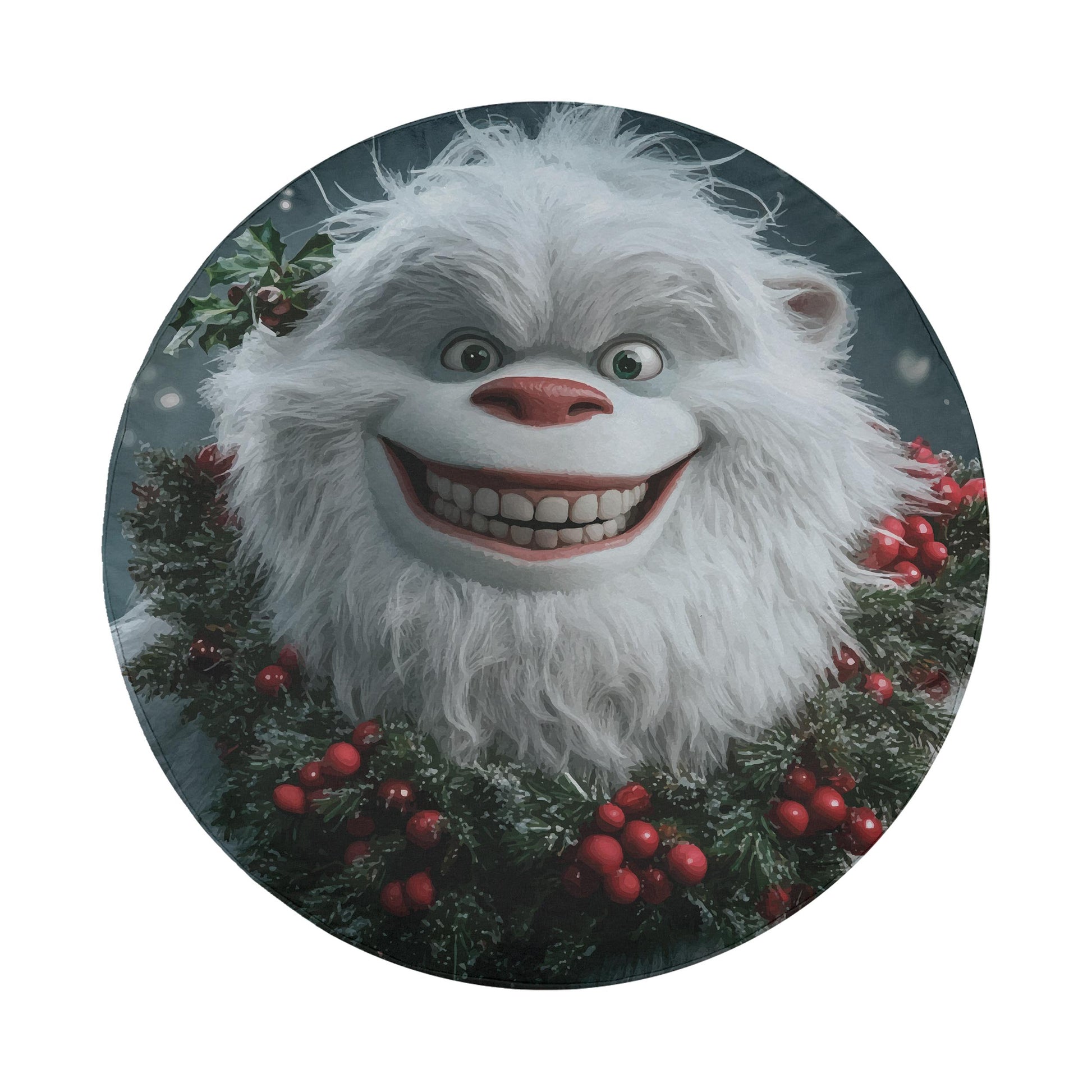 A large, smiling white furry monster with a red nose and a wreath of red berries around its neck.
