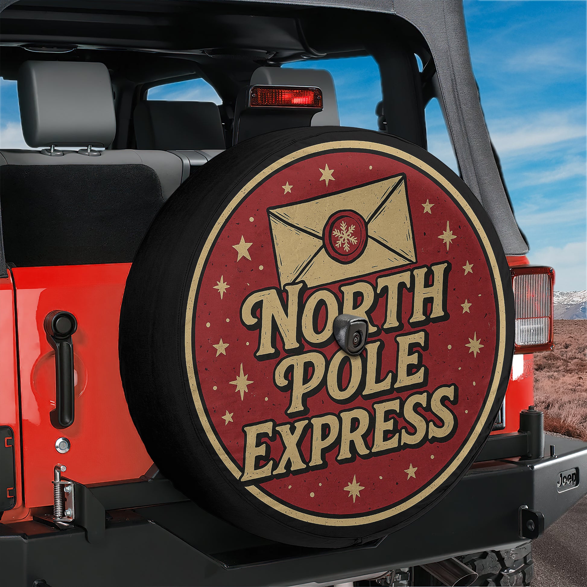 A red Jeep Wrangler with a large tire cover that says "NORTH P Pole EXPRESS" on it.