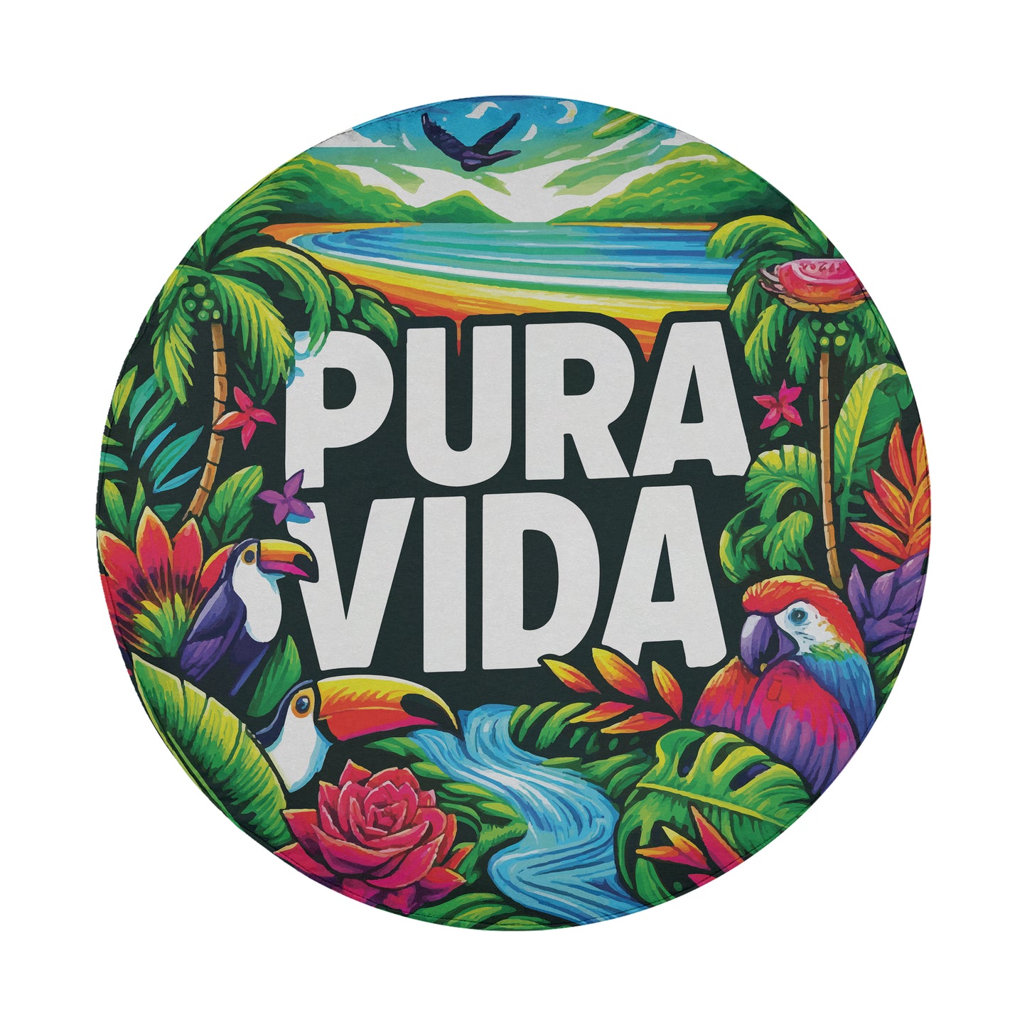 a vibrant, colorful tropical scene with various birds, flowers, and lush foliage surrounding the text "PURA VIDA".