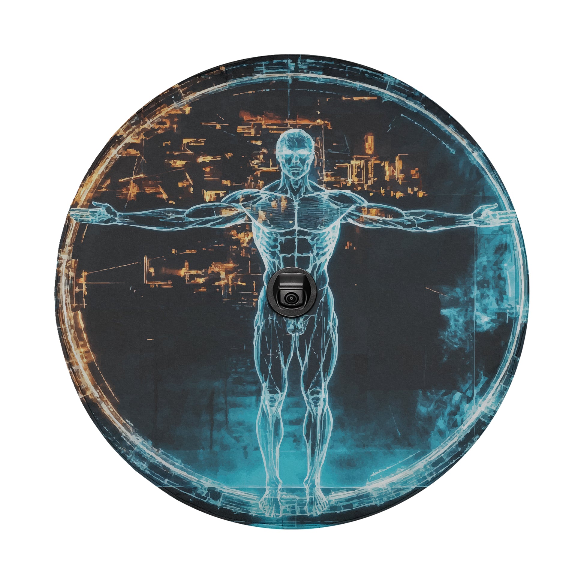 A digital illustration of a human figure with outstretched arms, surrounded by a futuristic cityscape with glowing lights.