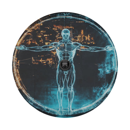 A digital illustration of a human figure with outstretched arms, surrounded by a futuristic cityscape with glowing lights.