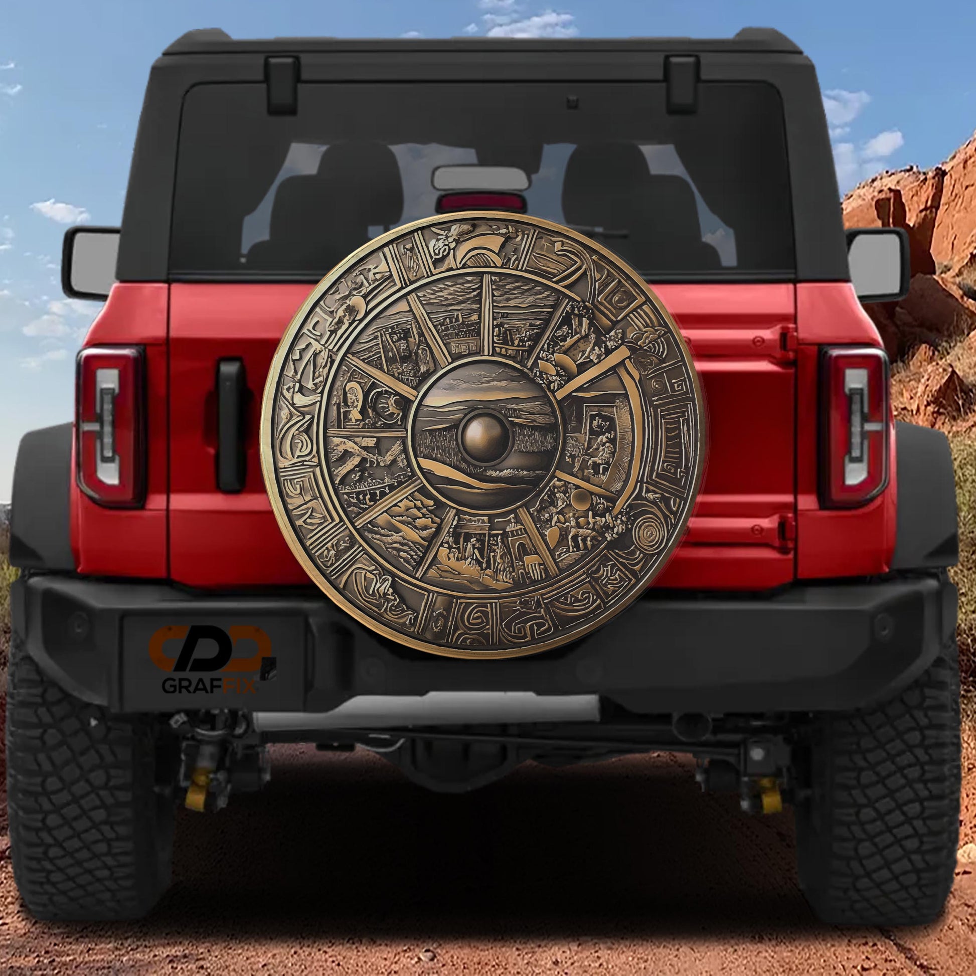 the back of a red Jeep Wrangler with a large, decorative wheel cover attached to the vehicle.