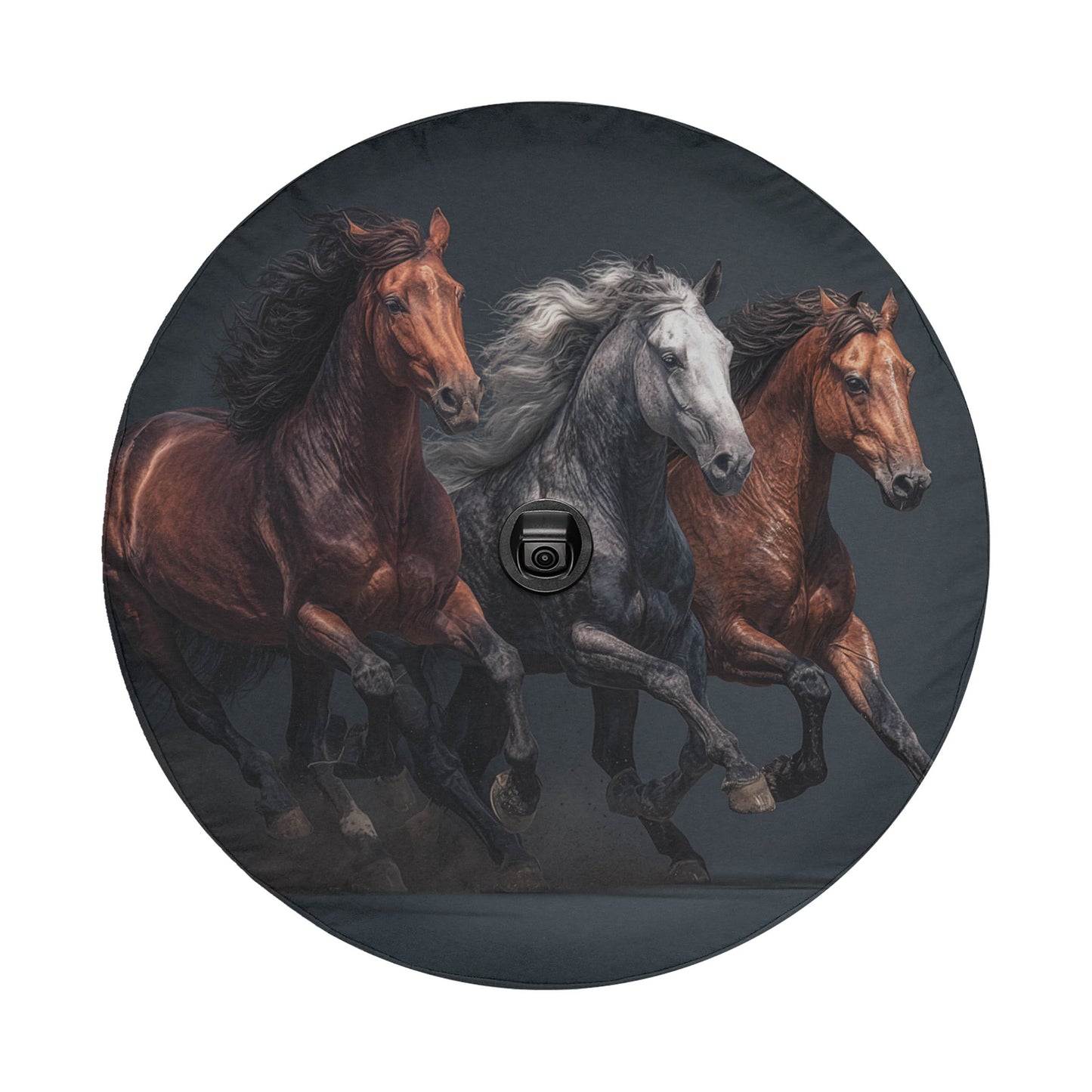 Three horses galloping together in a dynamic, energetic scene.