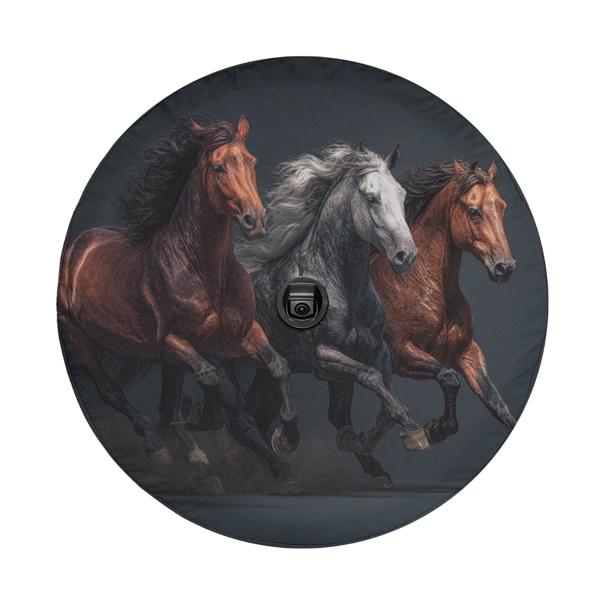 Three horses galloping together in a dynamic, energetic scene.