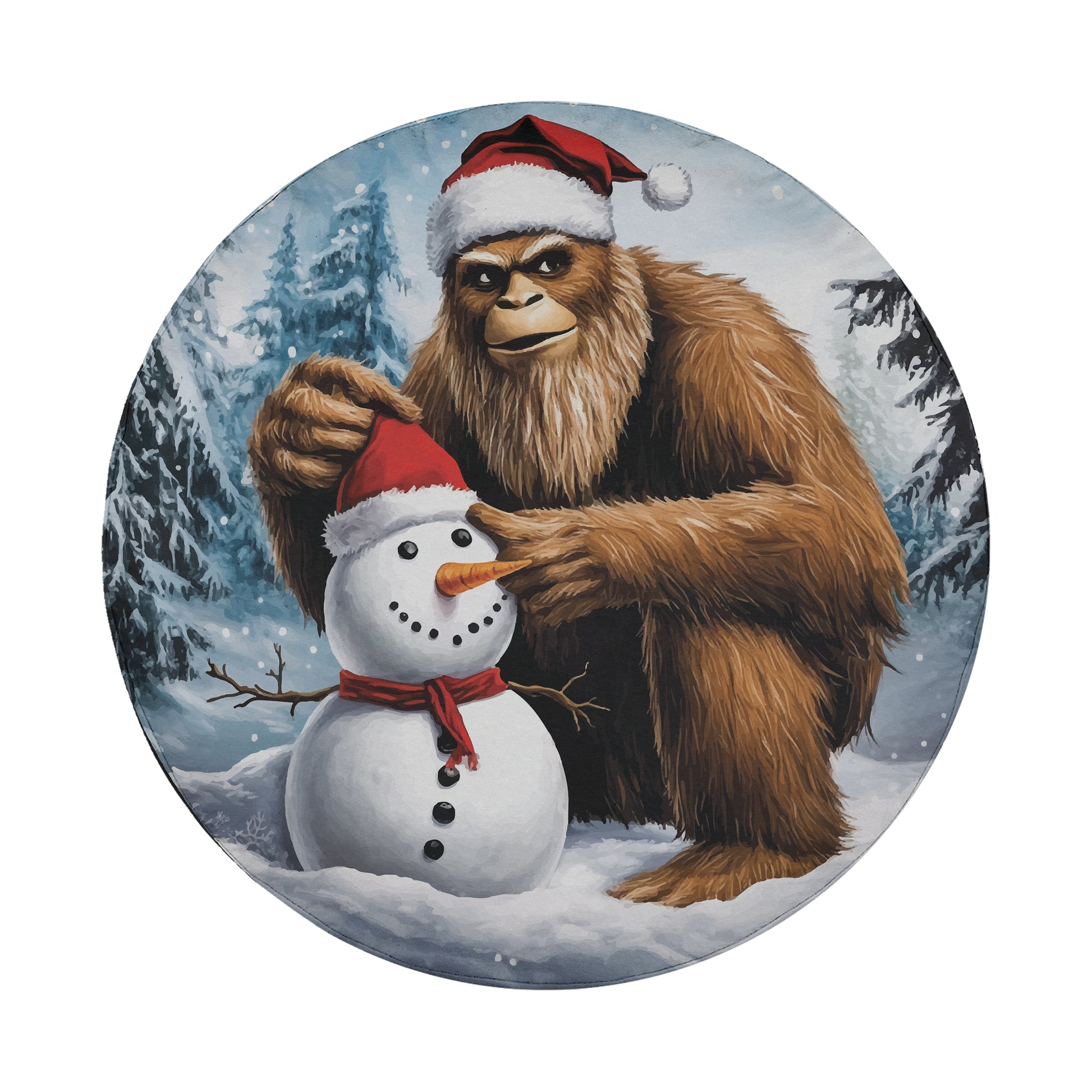 A large brown gorilla wearing a Santa hat is sitting next to a snowman in a snowy forest setting.