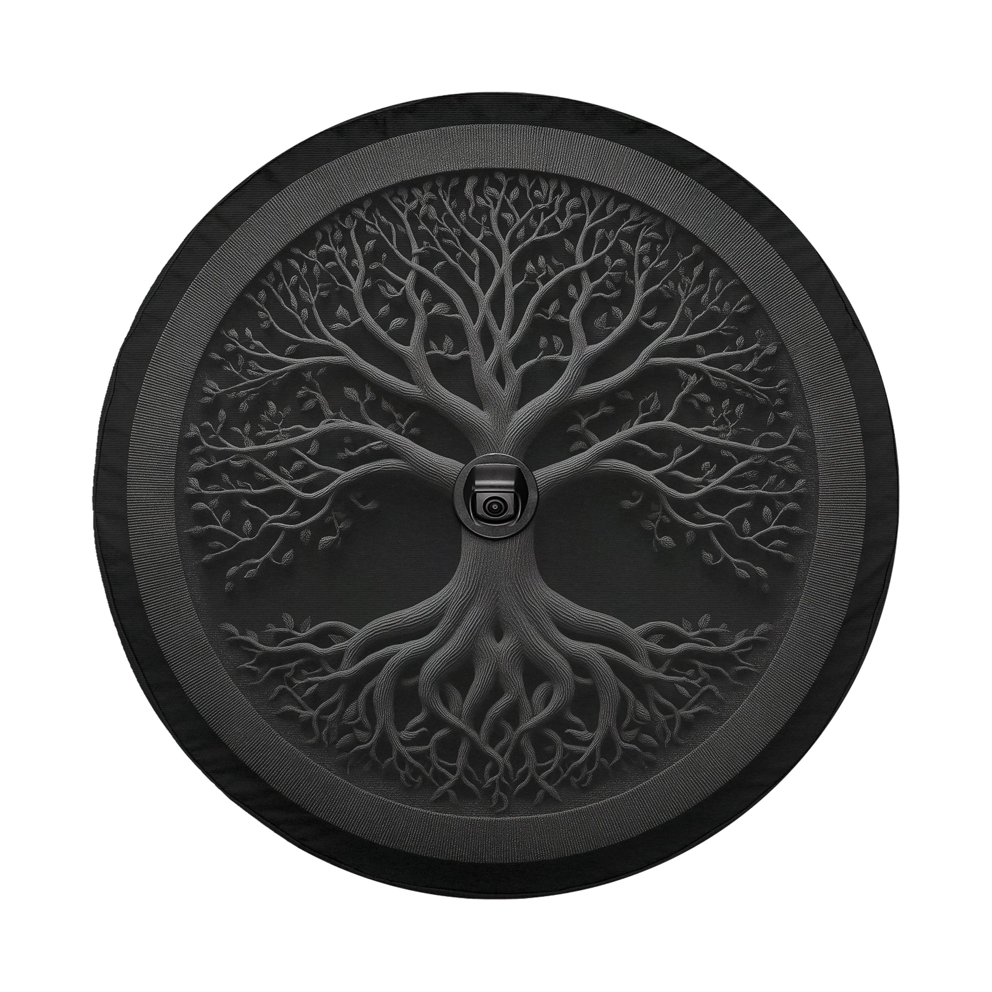 a circular design with a tree-like pattern, including a trunk and branches, encircled by a black border.