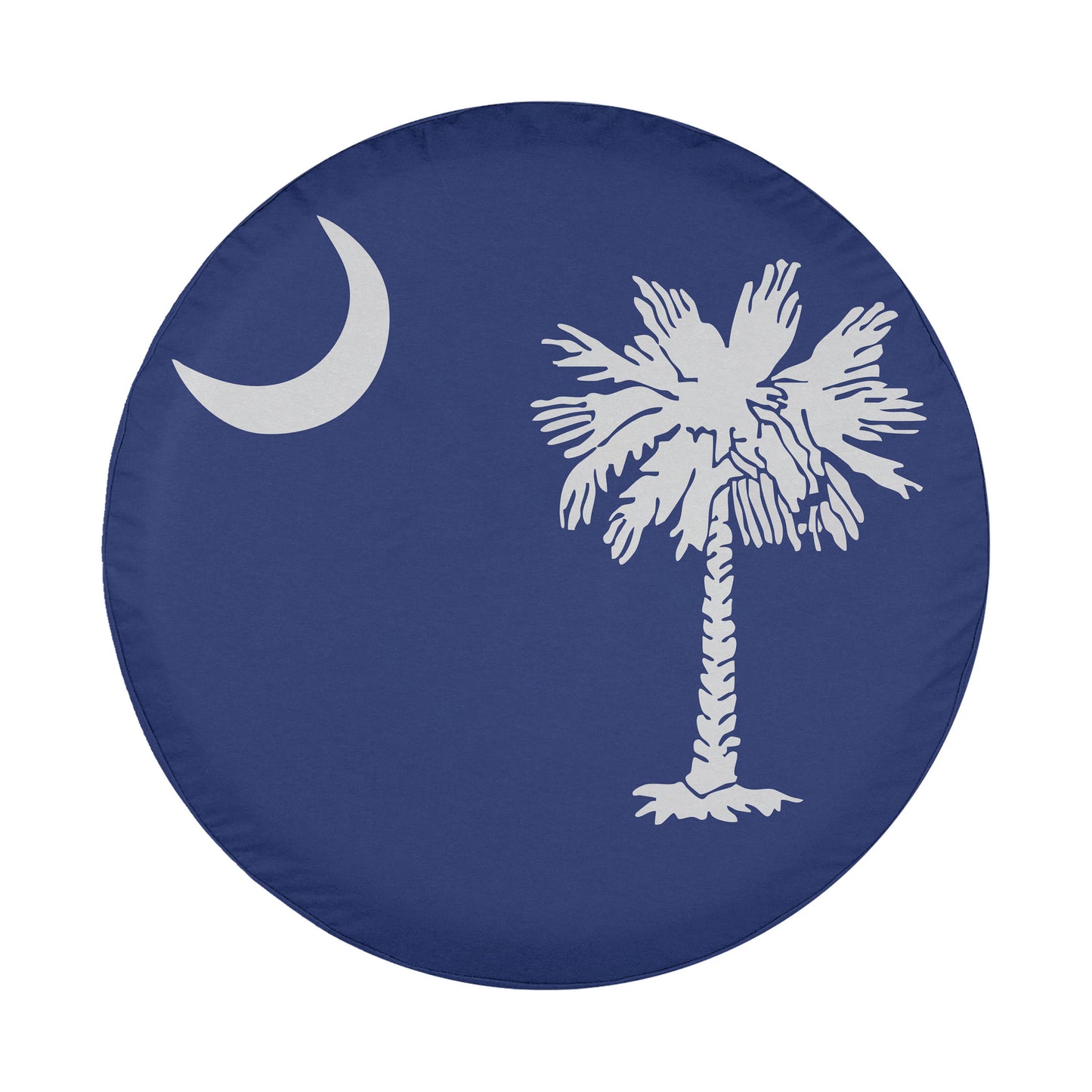 A blue circular cover with a white palm tree and crescent moon design.