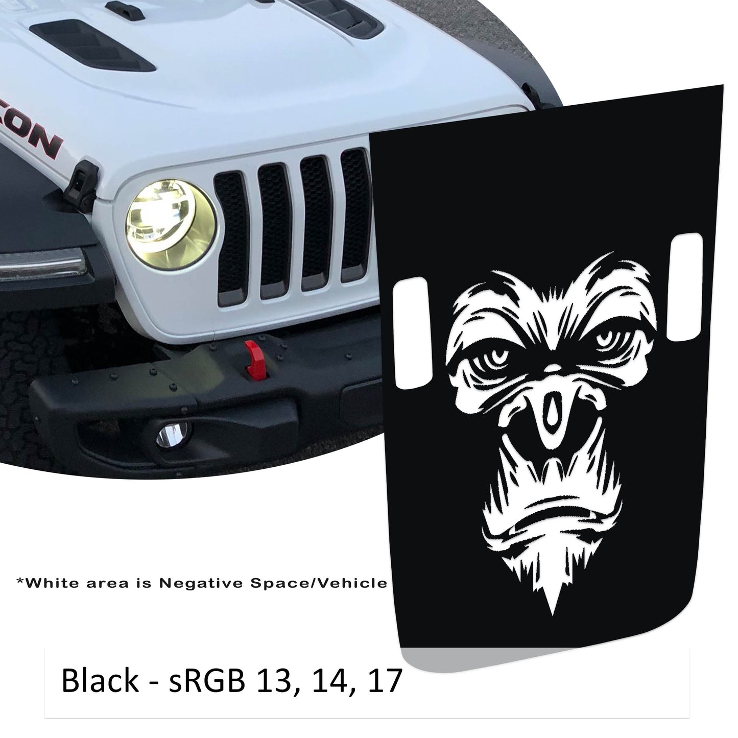 Gorilla Monkey Face Power-Dome Blackout Vinyl Hood Decal - Fits 2018+ Jeep Wrangler JL/Jeep Gladiator JT Rubicon Models