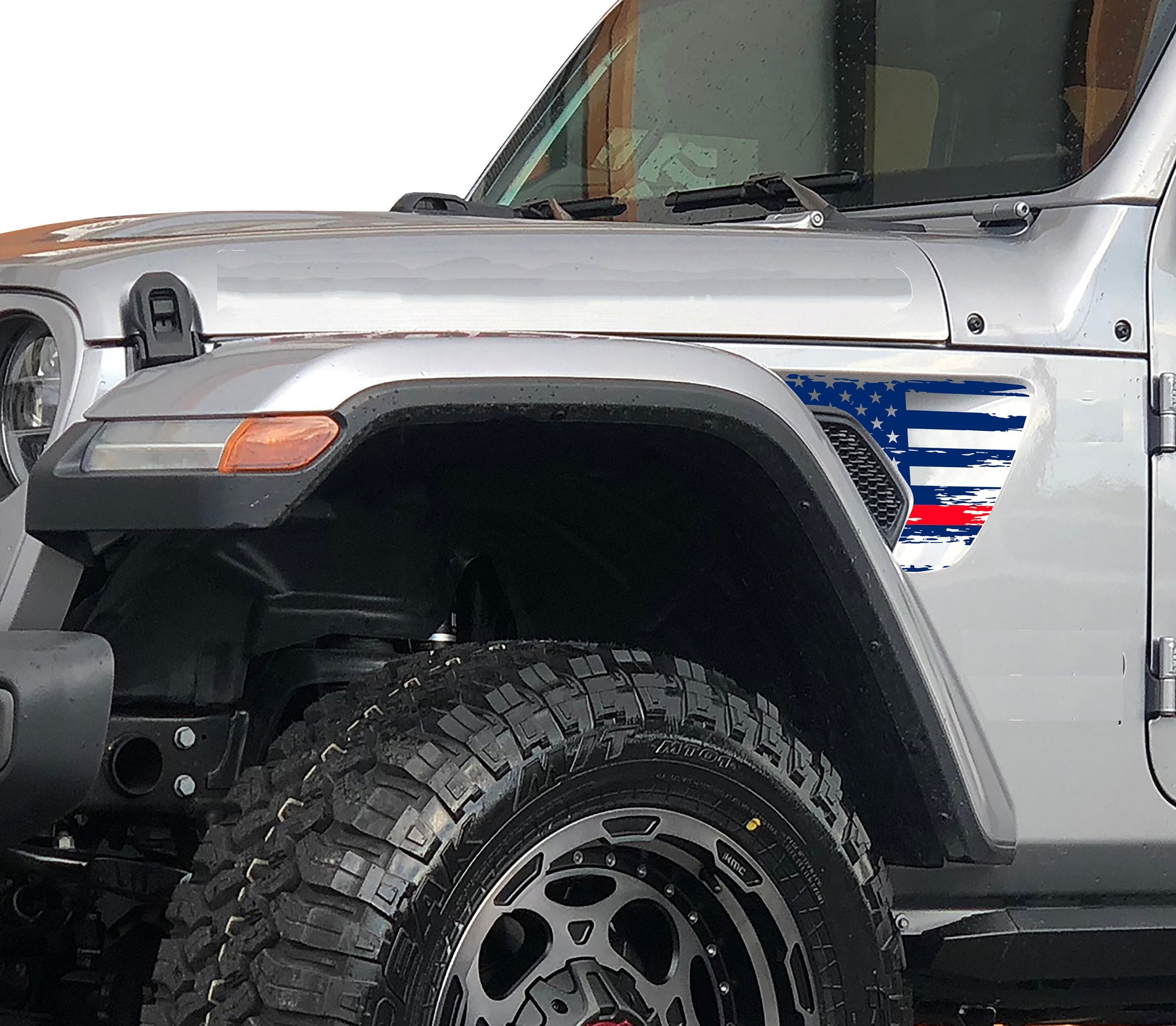 Distressed Tattered Thin Red Blue Line American Flag Fender Vent Vinyl Decal - Fits Jeep Wrangler JL/Jeep Gladiator JT 2018+