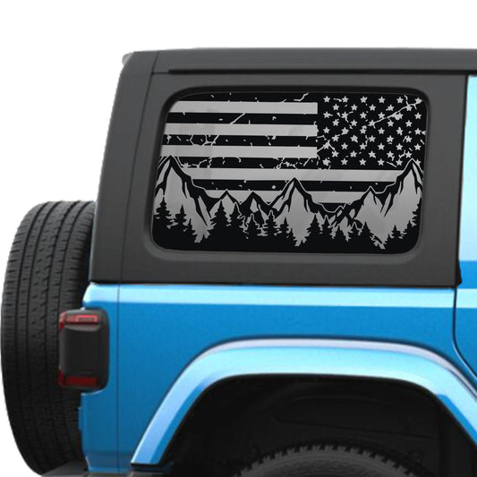 American Flag Mountain Trees Hardtop Window Decal Set Patriotic Graphic for Jeep Wrangler JLU 2018 and Newer Durable Outdoor Design