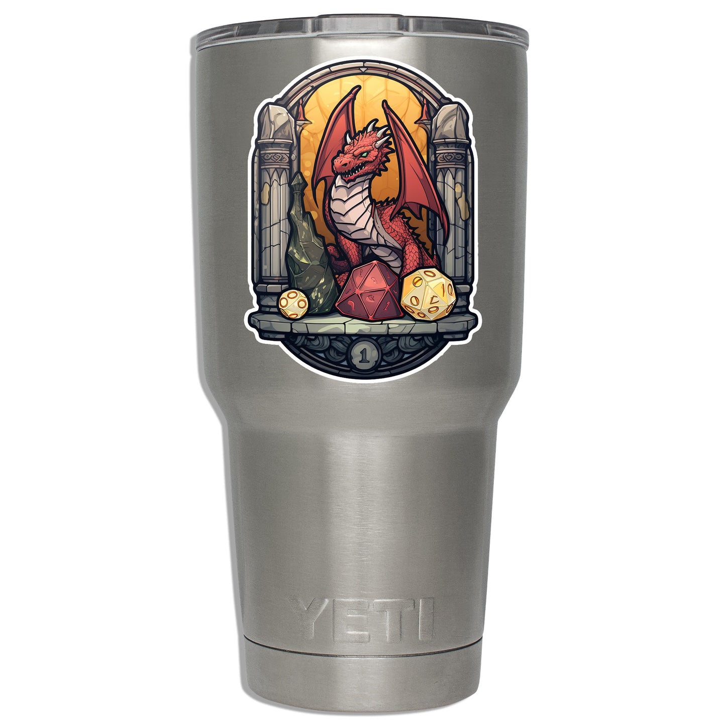 Red Dragon Guarding D20 20 Sided Dice Vinyl Sticker