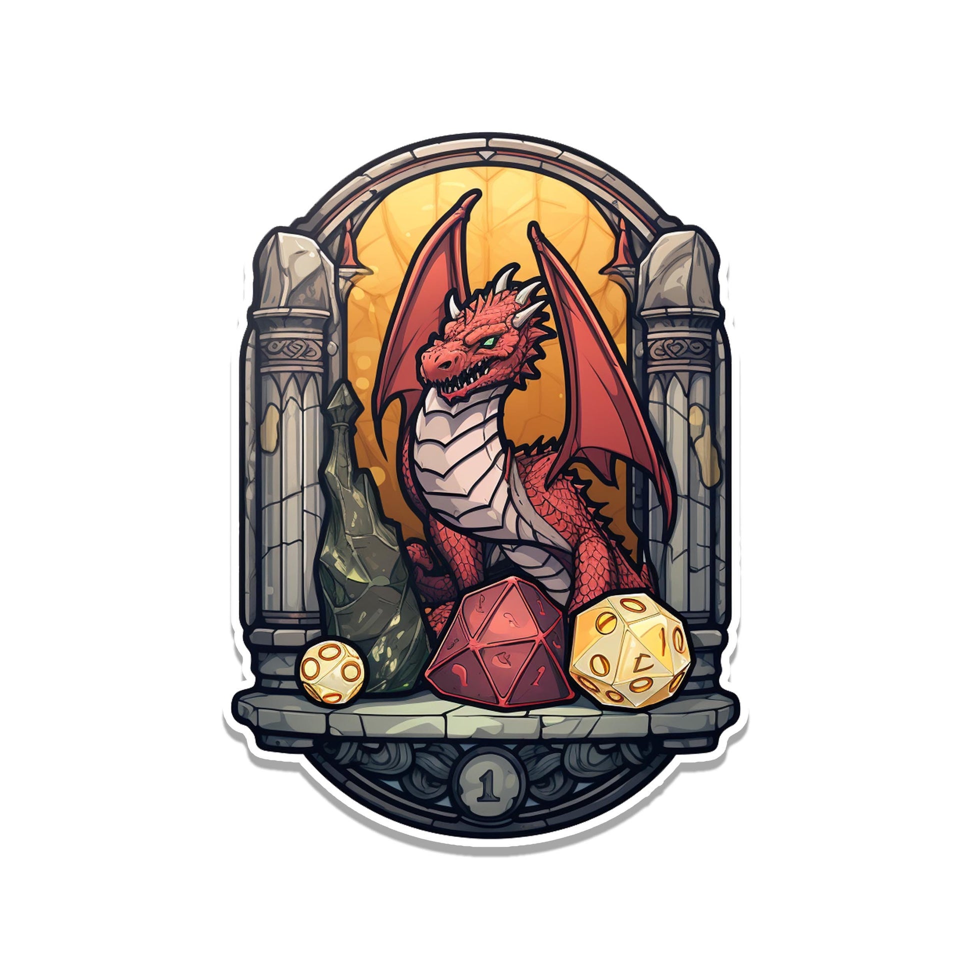 Red Dragon Guarding D20 20 Sided Dice Vinyl Sticker
