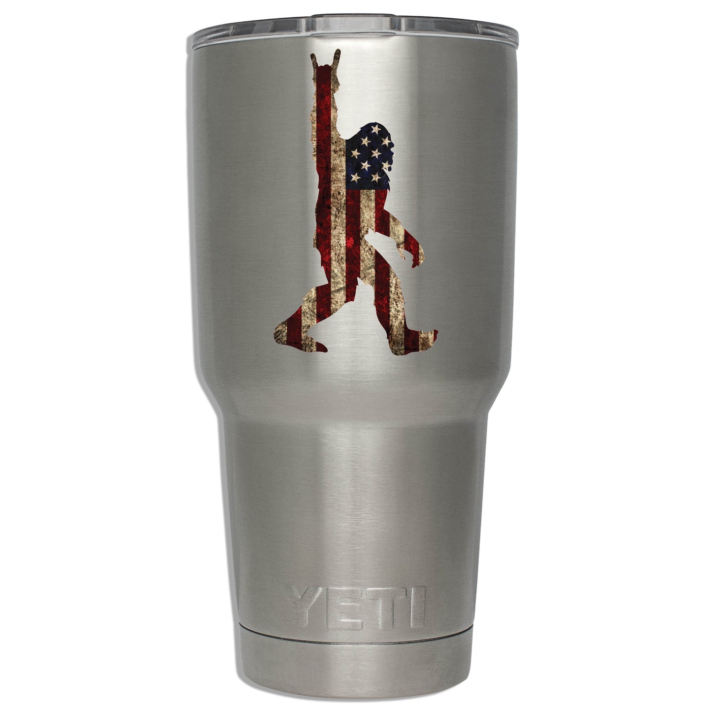 Rock On Sasquatch American Flag Vinyl Sticker | Funny Rustic Bigfoot Patriotic Decal for Car, Cooler, Laptop, Tumbler