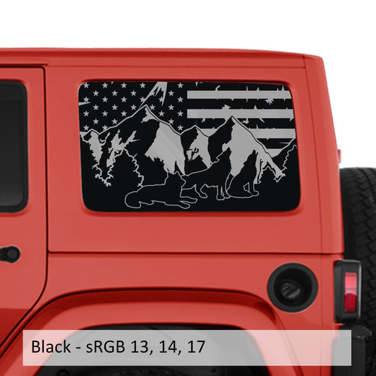 Wolf Mountain American Flag JKU Hardtop Window Decal Set - Fits Jeep Wrangler Four Door JKU 2007 - 2018