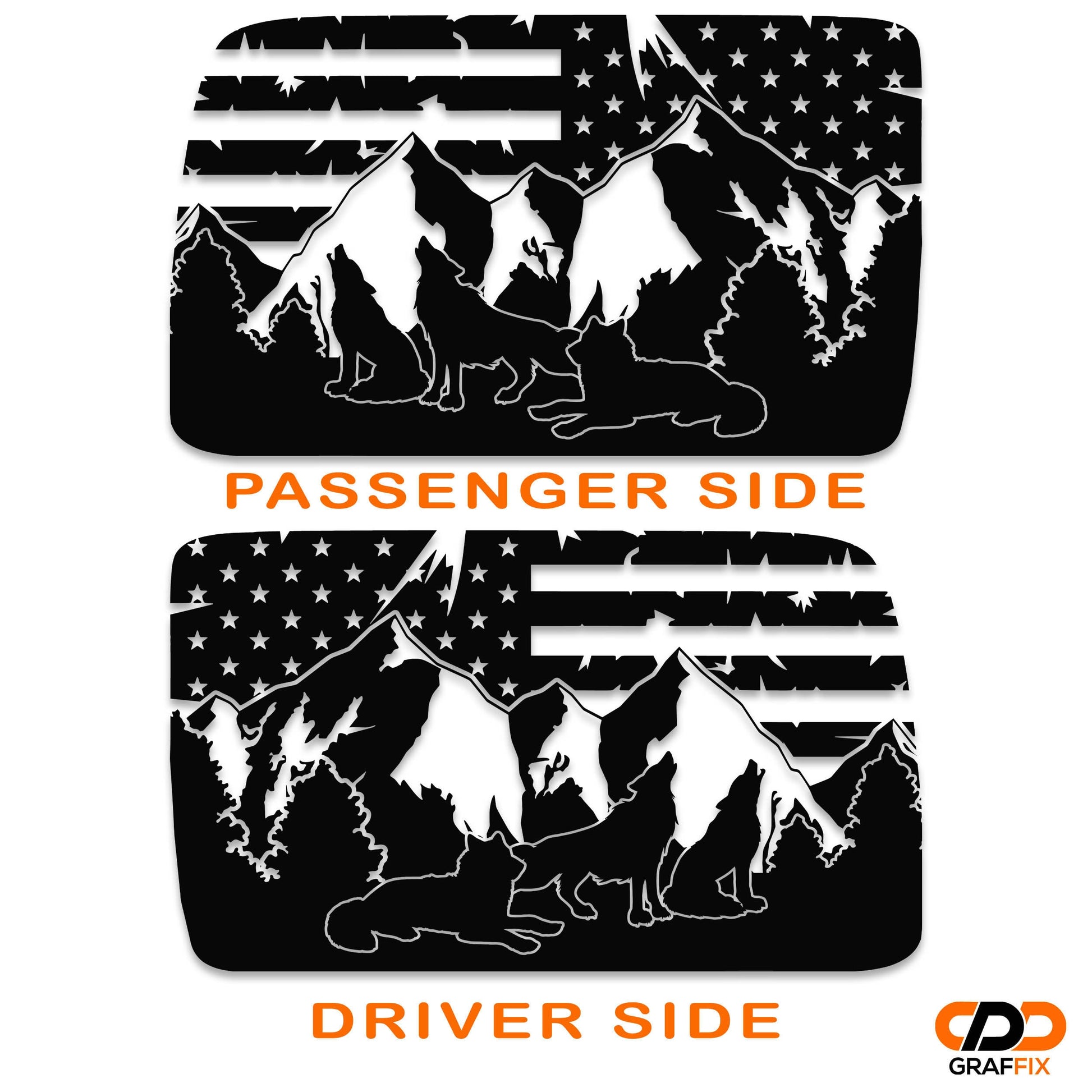 Wolf Mountain American Flag JKU Hardtop Window Decal Set - Fits Jeep Wrangler Four Door JKU 2007 - 2018