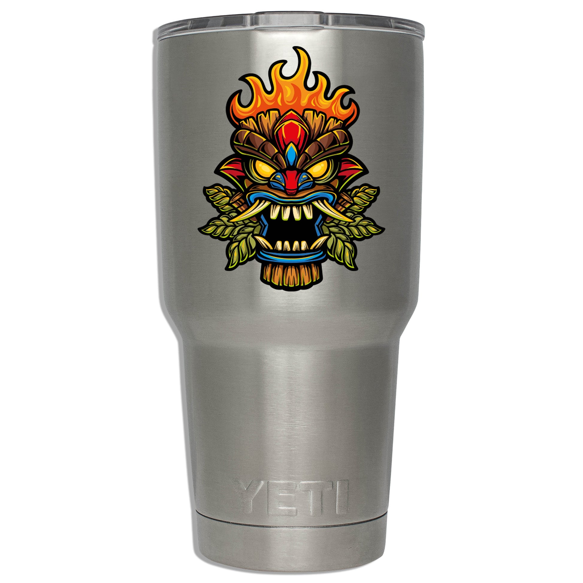 Fire Tiki Mask Vinyl Sticker Luau Hawaiian Totem Cup Laptop Water Bottle Cooler Car Window Decal Tropical Summer Party Vibe Gift