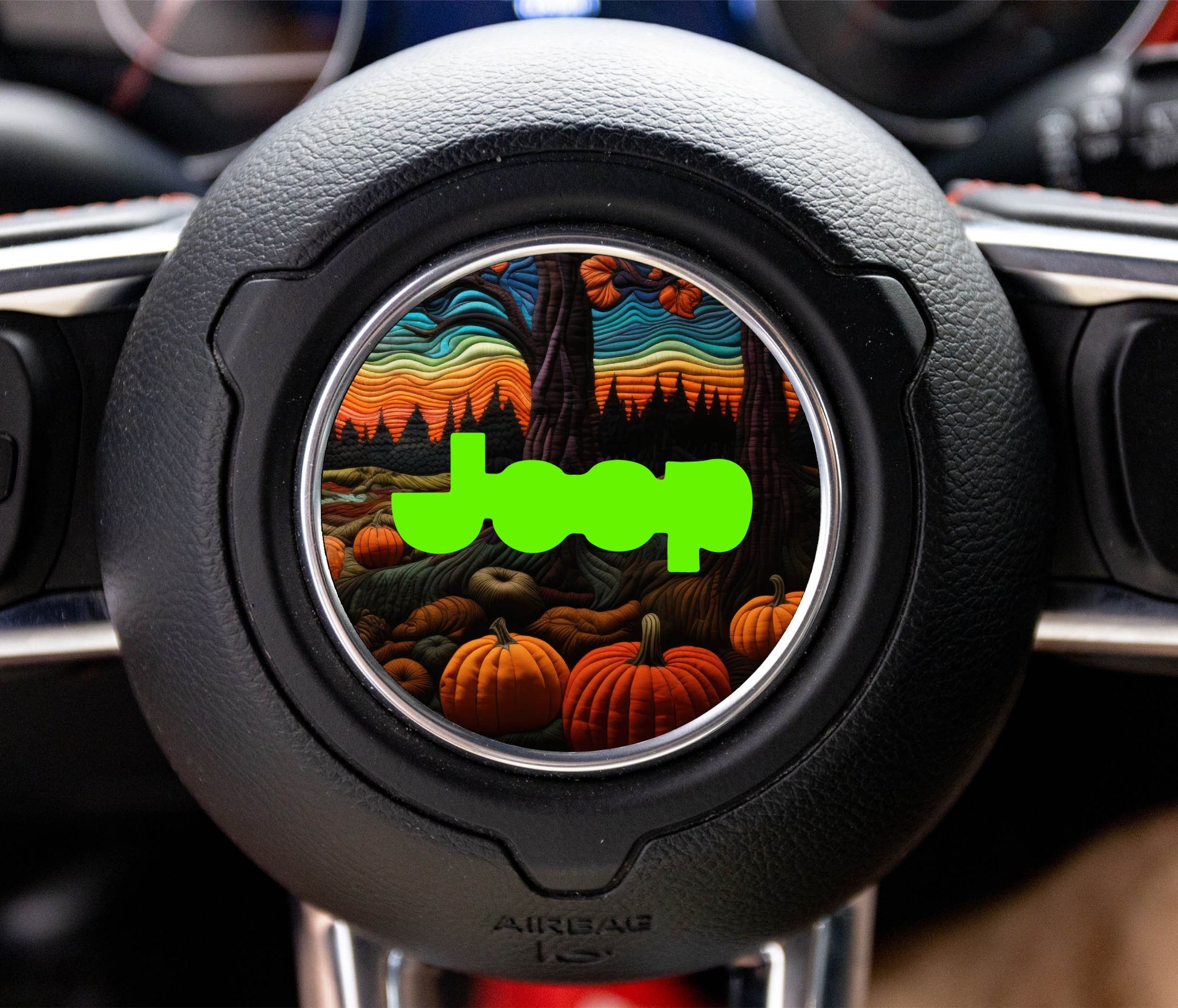 Stitched Halloween Scenery Steering Wheel Decal Overlay Accessory for Jeep Vehicles