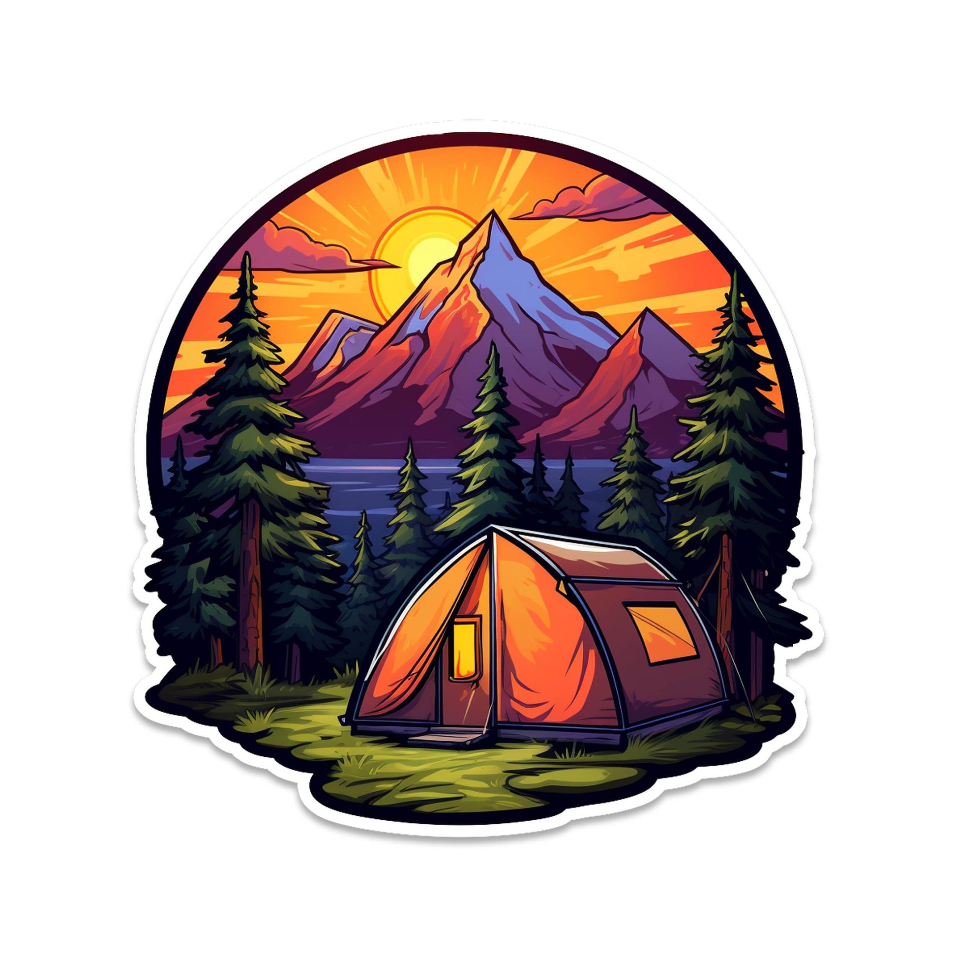 Sunrise Tent Camping Vinyl Sticker Scenic Nature Adventure Decal for Water Bottle Laptop Car Journal Cooler Tumbler Outdoor Travel Gift