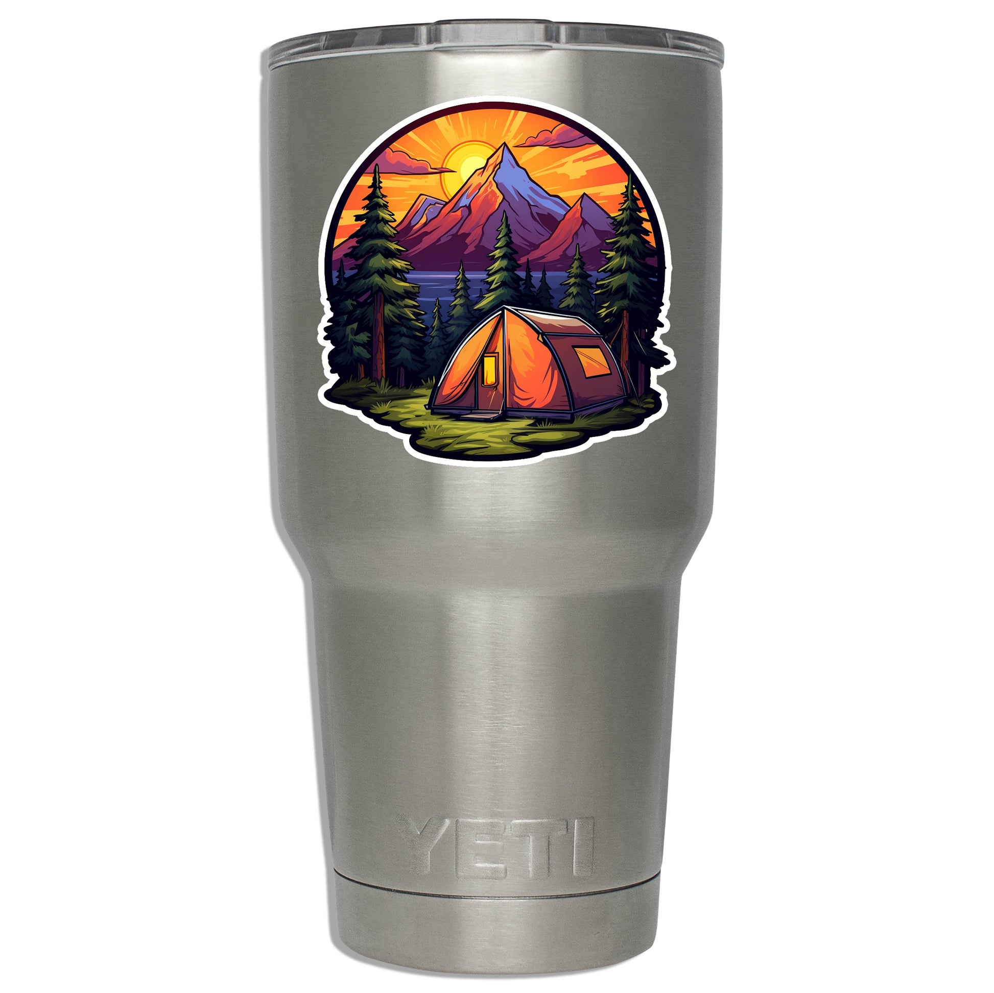 Sunrise Tent Camping Vinyl Sticker Scenic Nature Adventure Decal for Water Bottle Laptop Car Journal Cooler Tumbler Outdoor Travel Gift