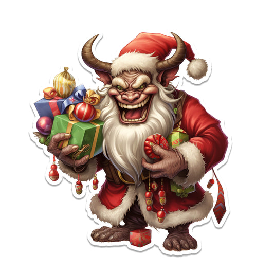 Whimsical Krampus Bearing Christmas Gifts Vinyl Sticker