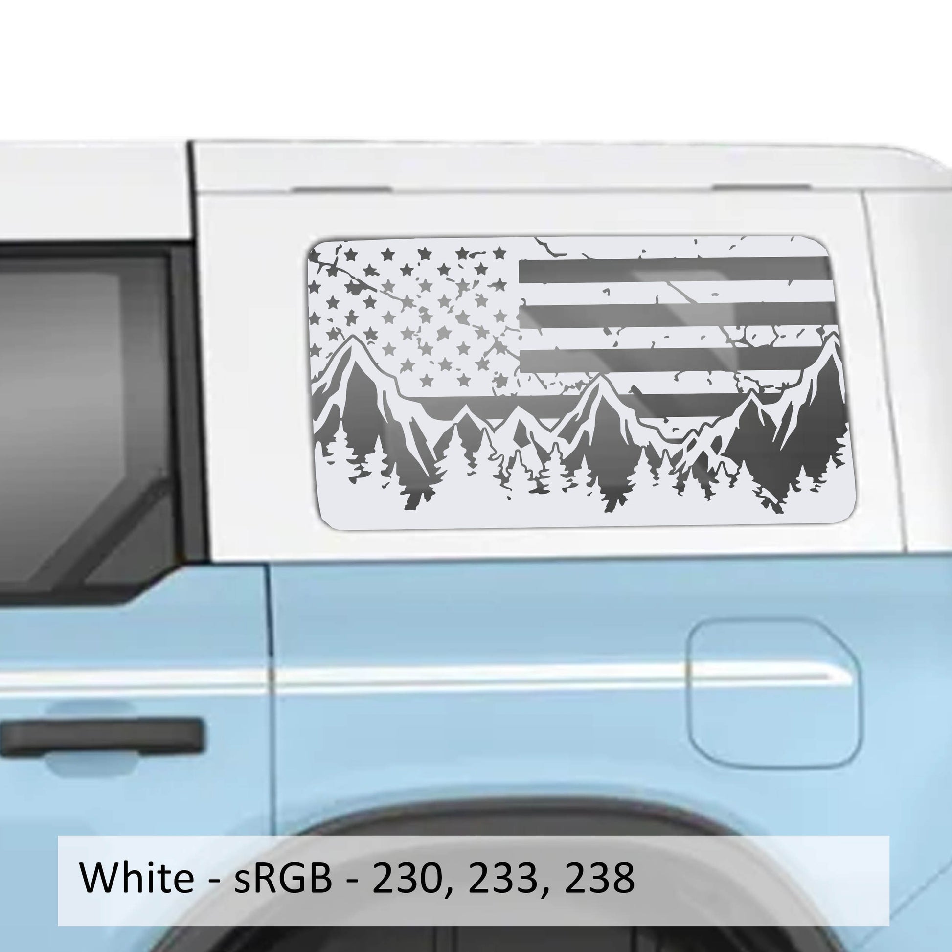 American Flag Mountain & Trees Rear Quarter Window Decals Fits 2021+ 4 Door Bronco Hardtops