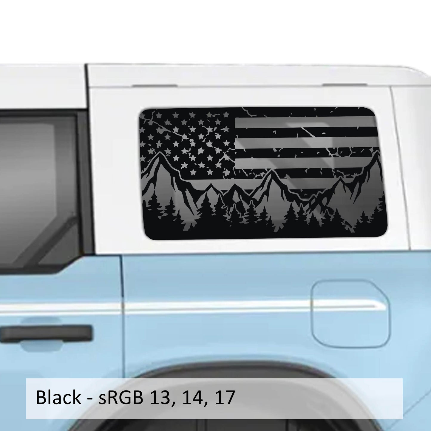 American Flag Mountain & Trees Rear Quarter Window Decals Fits 2021+ 4 Door Bronco Hardtops