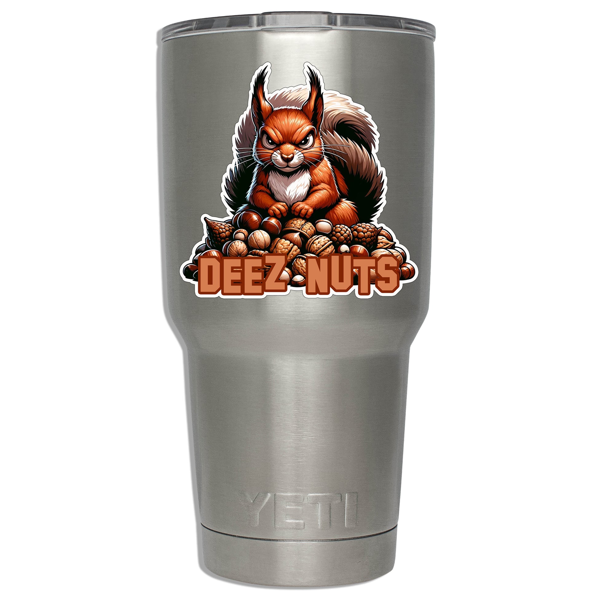 Deez Nuts! Angry Red Squirrel Standing Atop a Pile of Nuts Vinyl Sticker